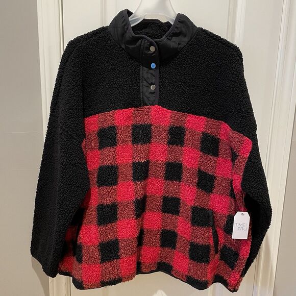 Time And Tru Red Buffalo Plaid Sherpa Sweater Women’s Plus Size 2X NEW - Picture 1 of 6